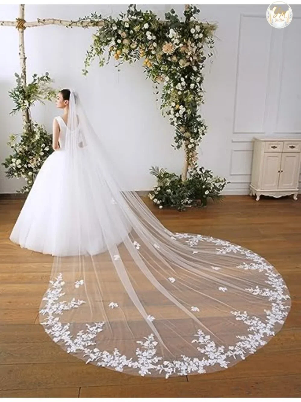 Cathedral Flower Lace Wedding Veil with Metal Comb Long Train